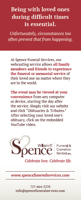 Advertisement for Spencer Funeral Home with red and black text on a white background, offering help during difficult times