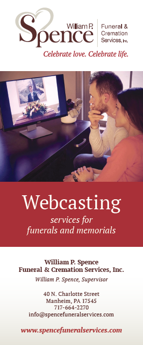 Webcasting services brochure with red banner and photo of a woman watching a streaming presentation on a laptop