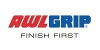 The awl grip logo is red , blue and white and says finish first.
