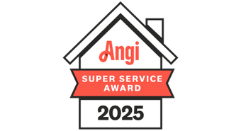 Angi Super Service Award 2025 badge with house outline and red ribbon