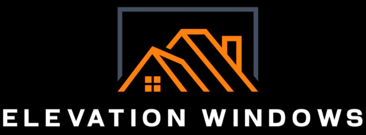 Logo for Elevation Windows: orange house design inside a dark gray square, company name below.