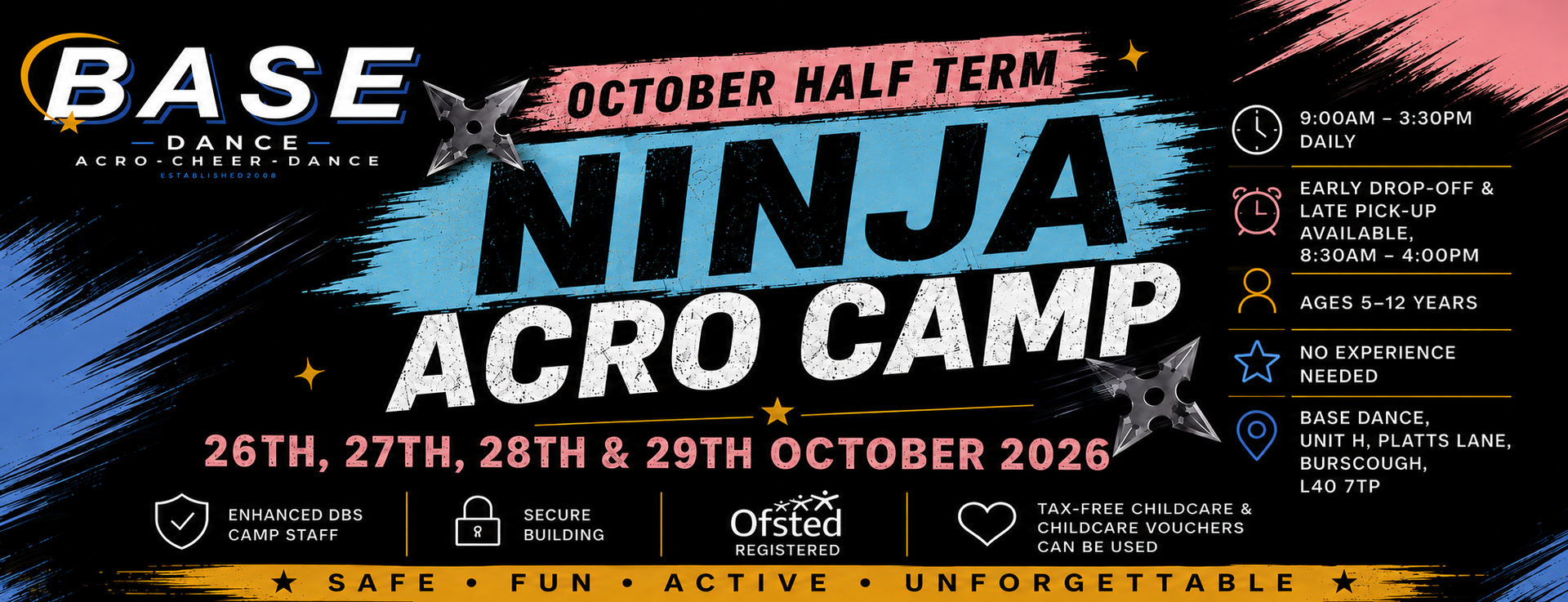 October half-term Ninja Acro Camp at Base Dance, 26–29 October 2026, for ages 5–12