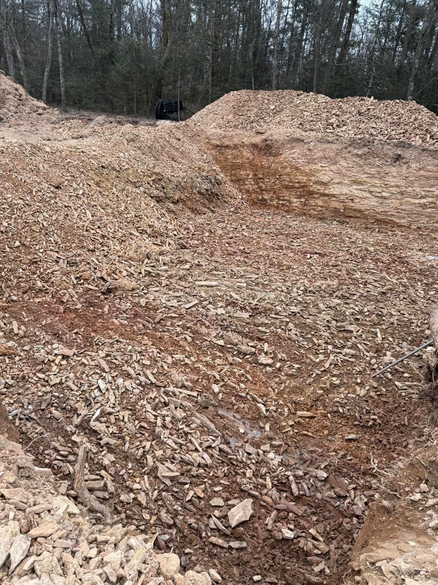 Large piles of wood chips in a wooded area