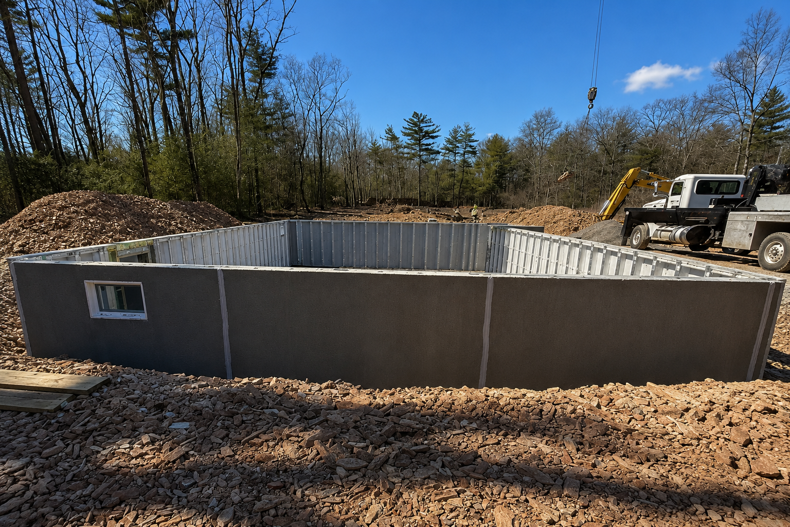 Rectangular concrete foundation in a wooded lot, with a truck and excavator nearby under a blue sky