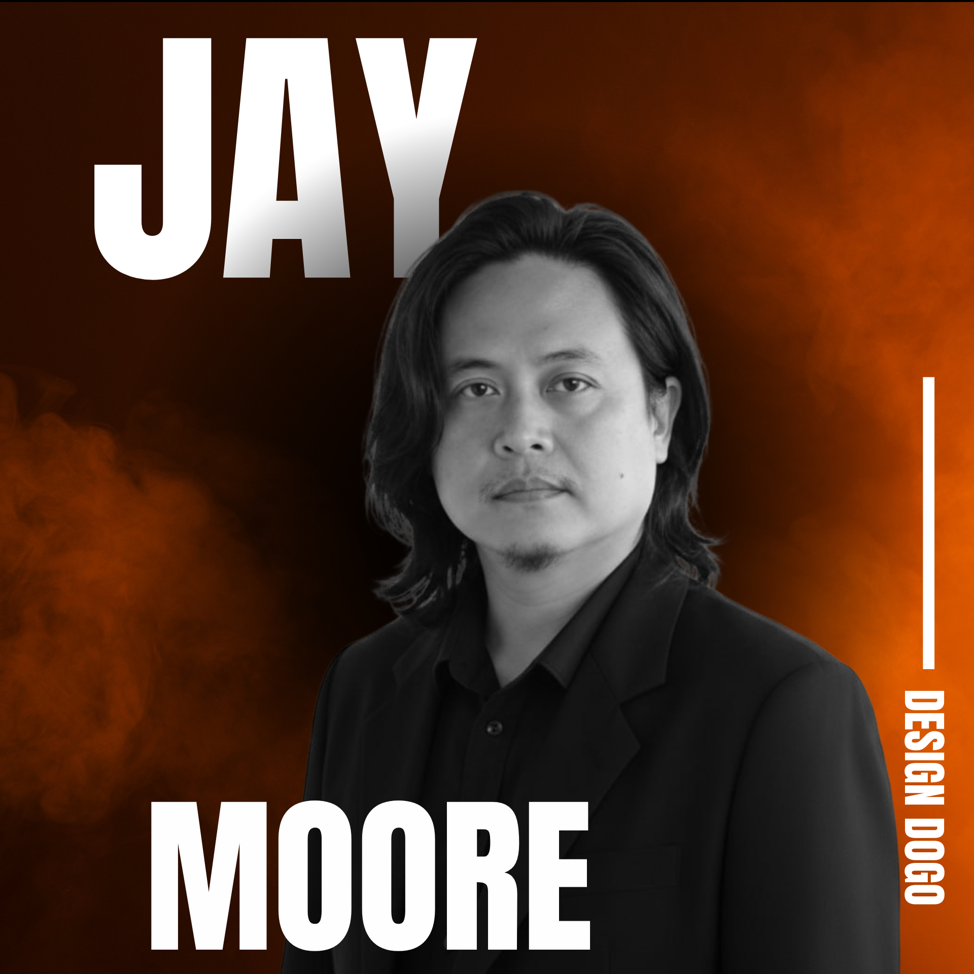A portrait of Jay Moore against an orange, smoky background with the text 
