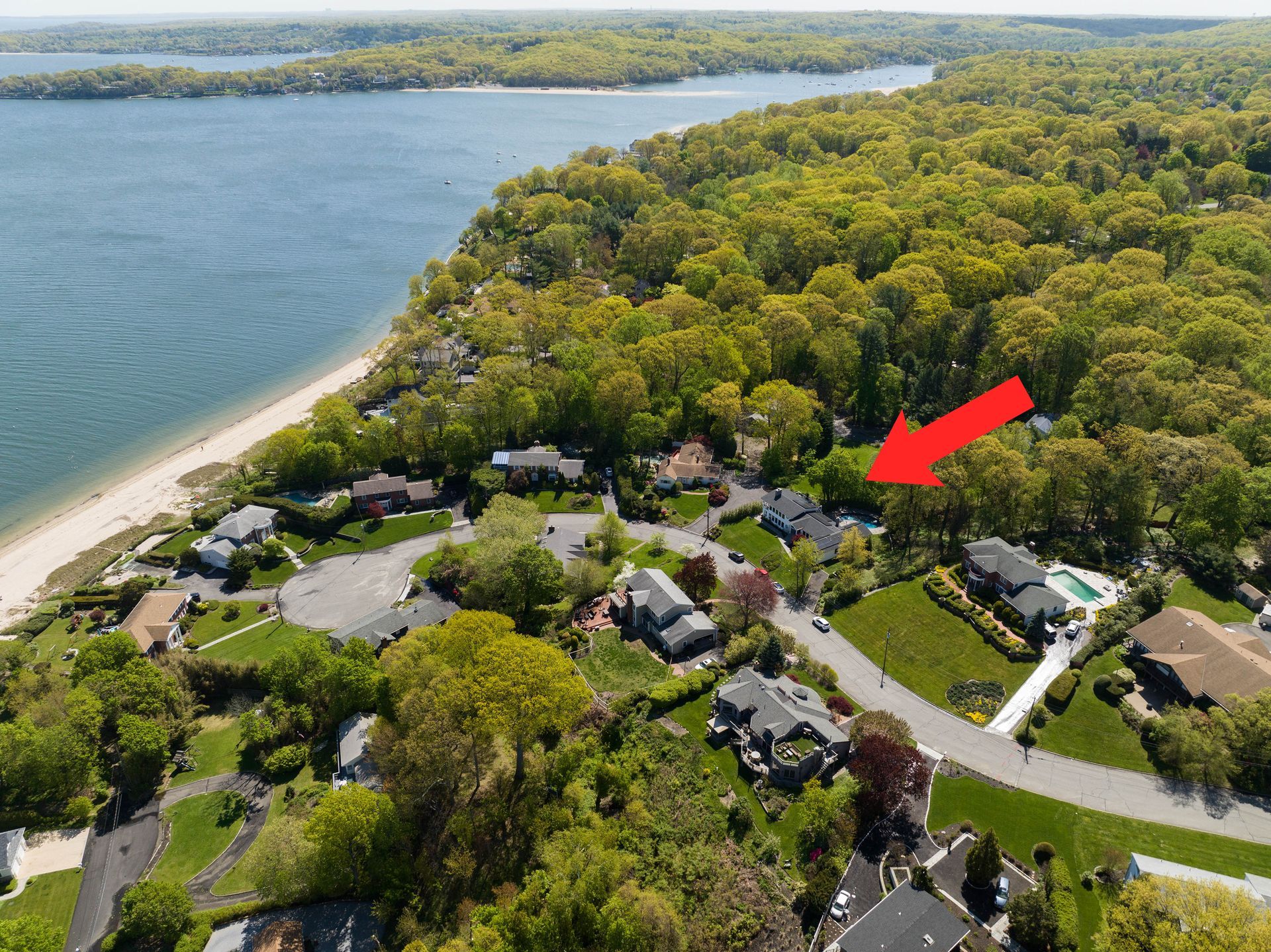 Aerial view of a coastal neighborhood with houses nestled in a lush, green forest next to a large body of water.