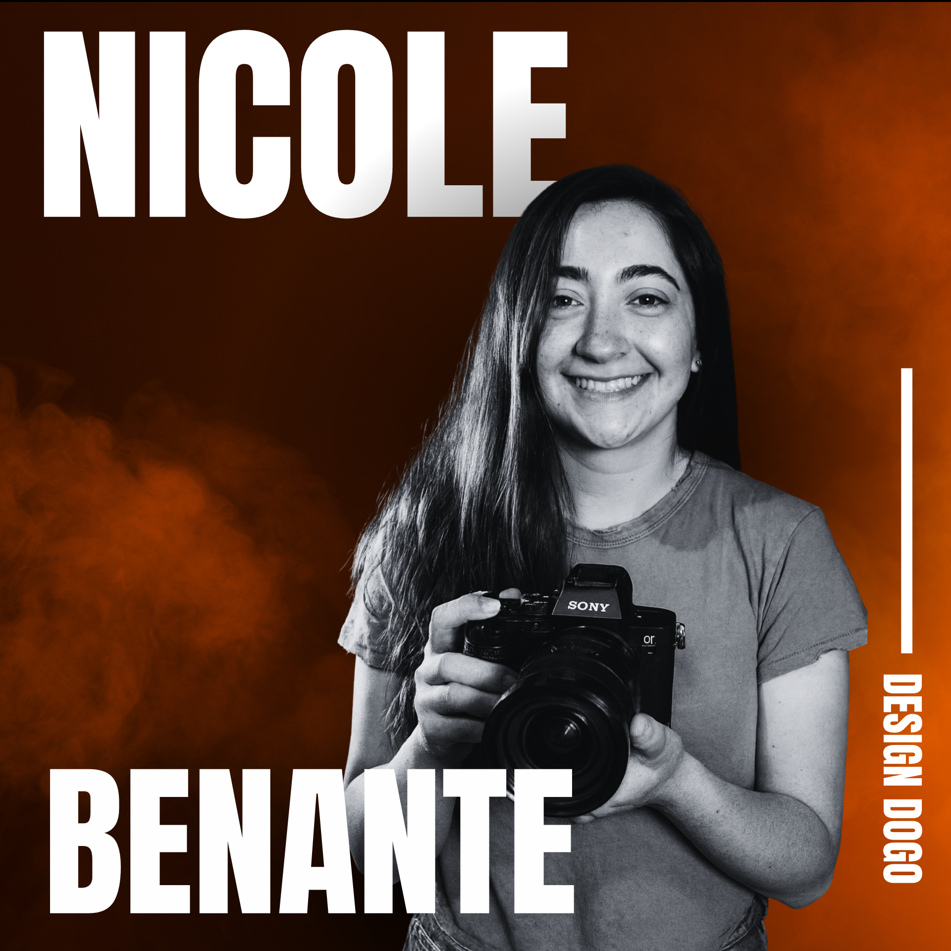 A smiling person holding a professional camera against an orange, smoky background with text that reads Nicole Benante.