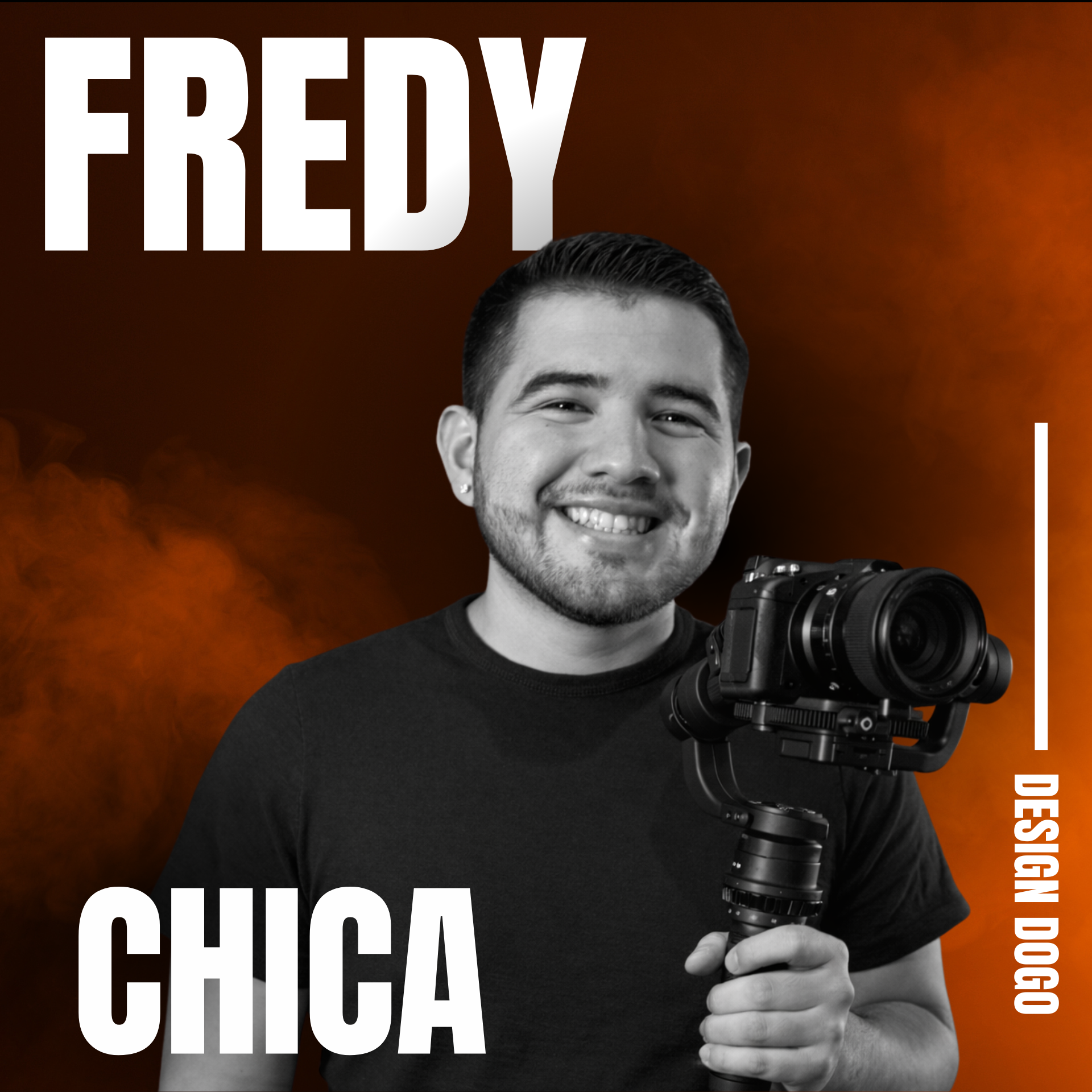 A smiling person holds a professional camera with a gimbal against a dark, smoky orange background with bold text.
