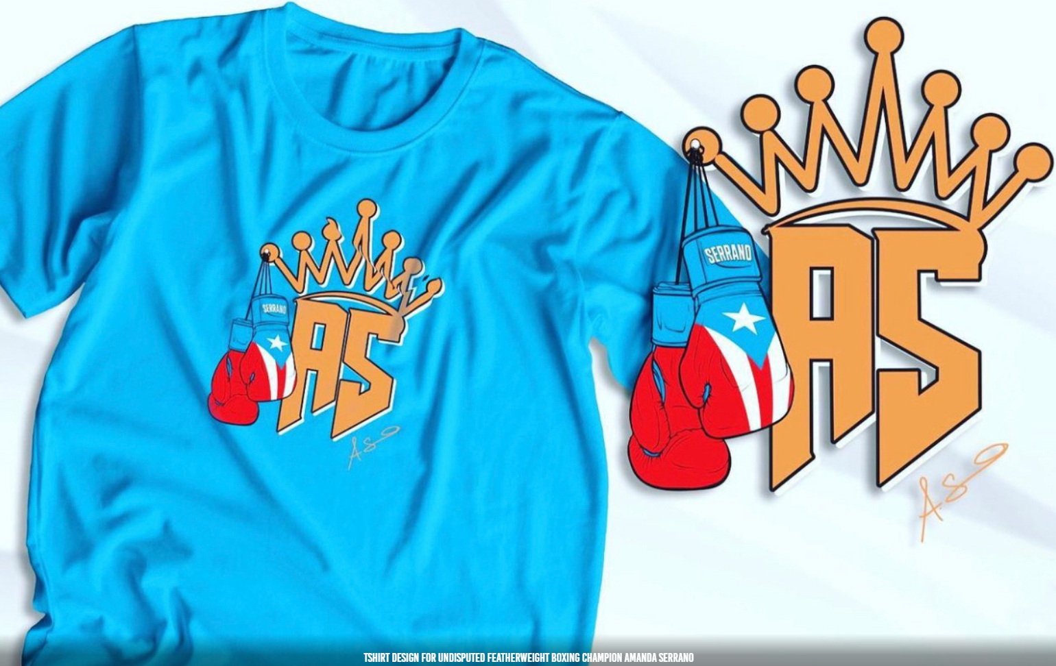 A light blue t-shirt featuring a logo of orange initials