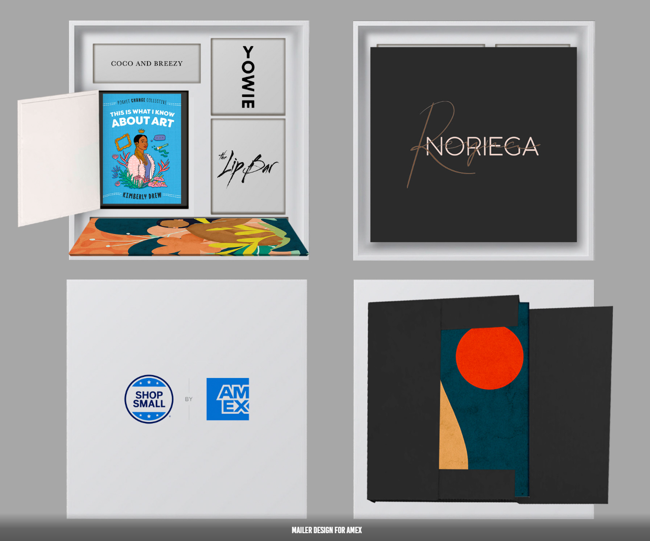 A product kit with a book, stationery, art print, and Amex Shop Small branding displayed in open and closed configurations.