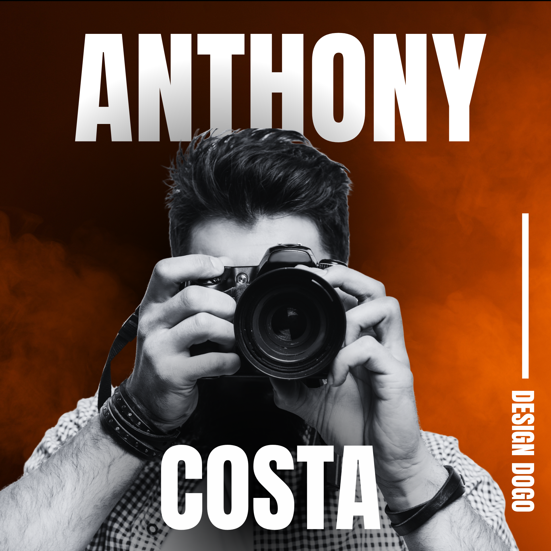 Camera portrait with “Anthony Costa” and “Design Dogo” on a dark orange background.