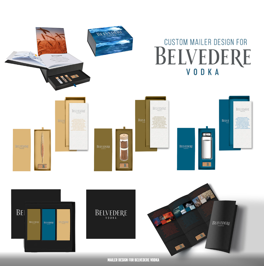 A collage displaying various luxury custom packaging designs and promotional mailers for Belvedere Vodka.