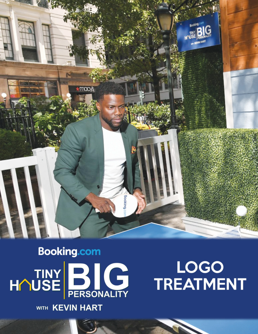 Kevin Hart playing ping-pong outdoors, with a Booking.com 