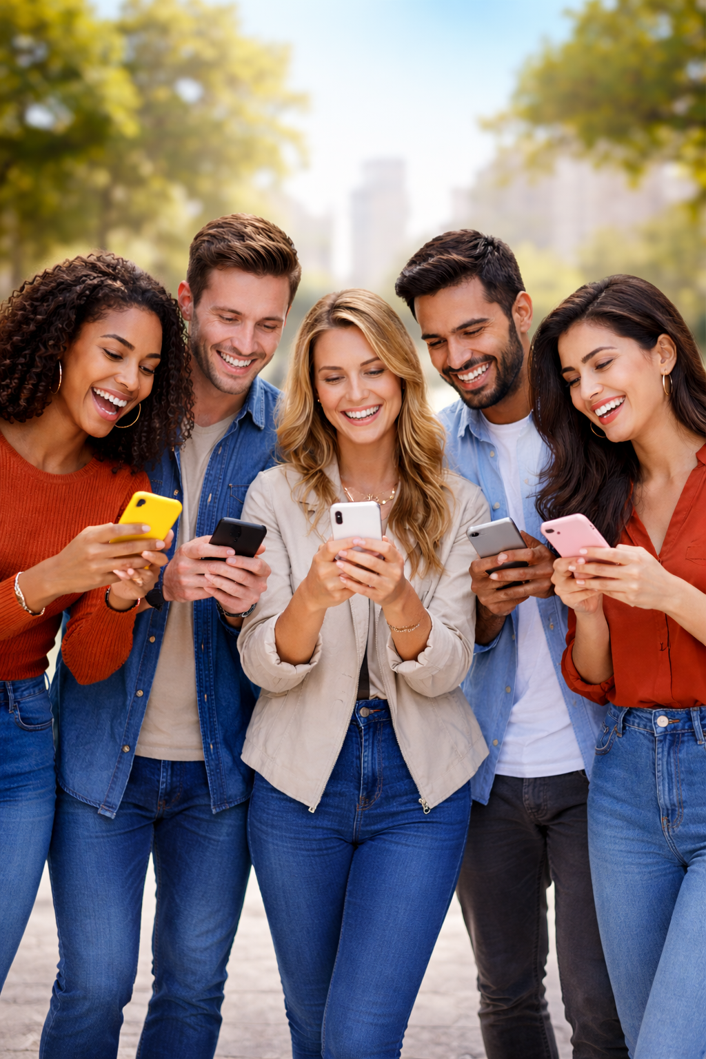 Five people smiling while standing together outdoors, each looking down at their own mobile phone.