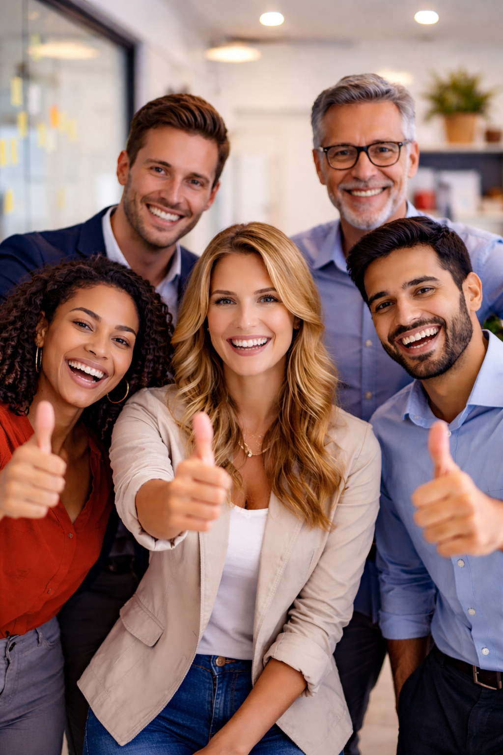Five colleagues smile and give thumbs-up gestures while posing together in an office setting.