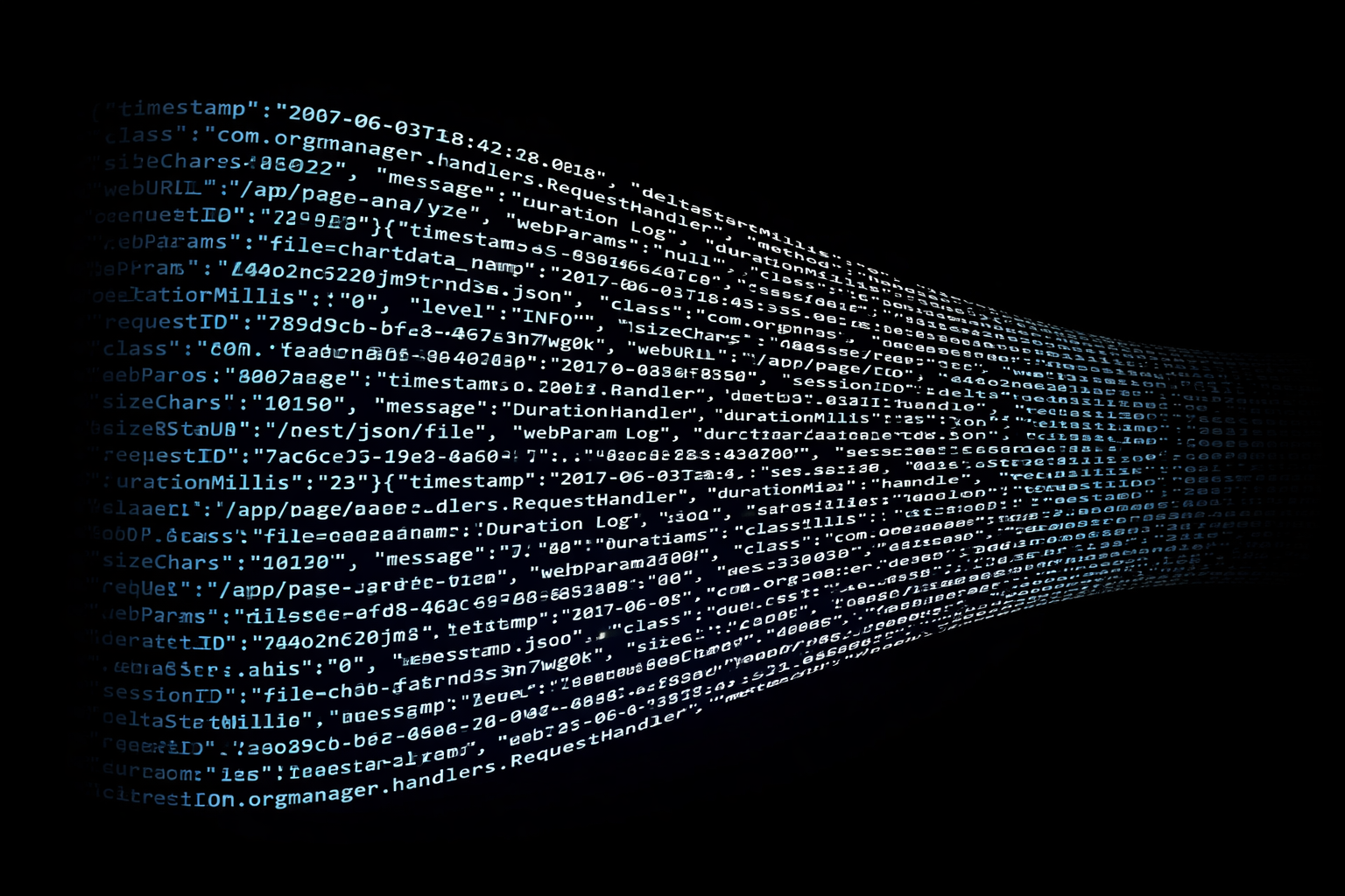 A digital graphic of white lines of code or data flowing from left to right, fading into a black background.