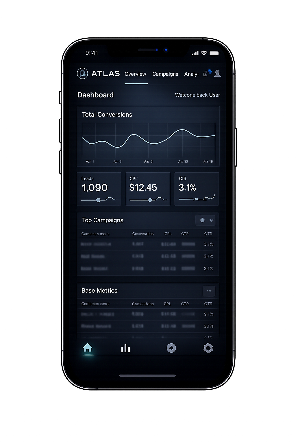 A mobile phone screen displays the Atlas marketing dashboard with data charts, campaign performance, and analytics.