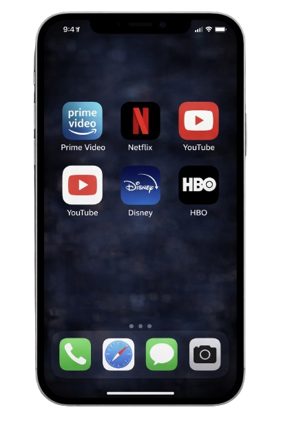 A smartphone screen showing a home page with six streaming service app icons and four standard dock app icons.