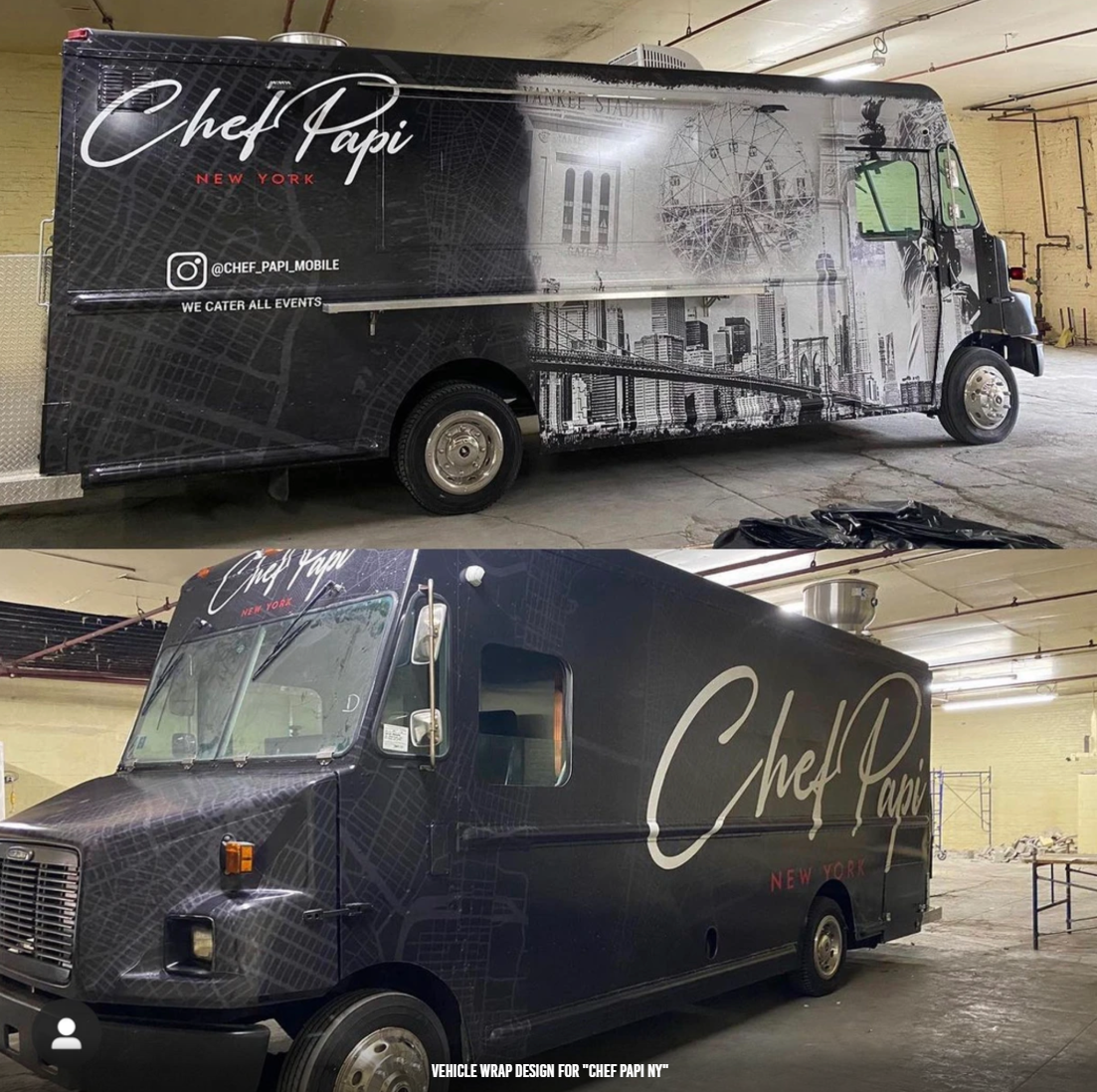 Two views of a Chef Papi food truck with a black and white design, including a city map pattern and graphic art.
