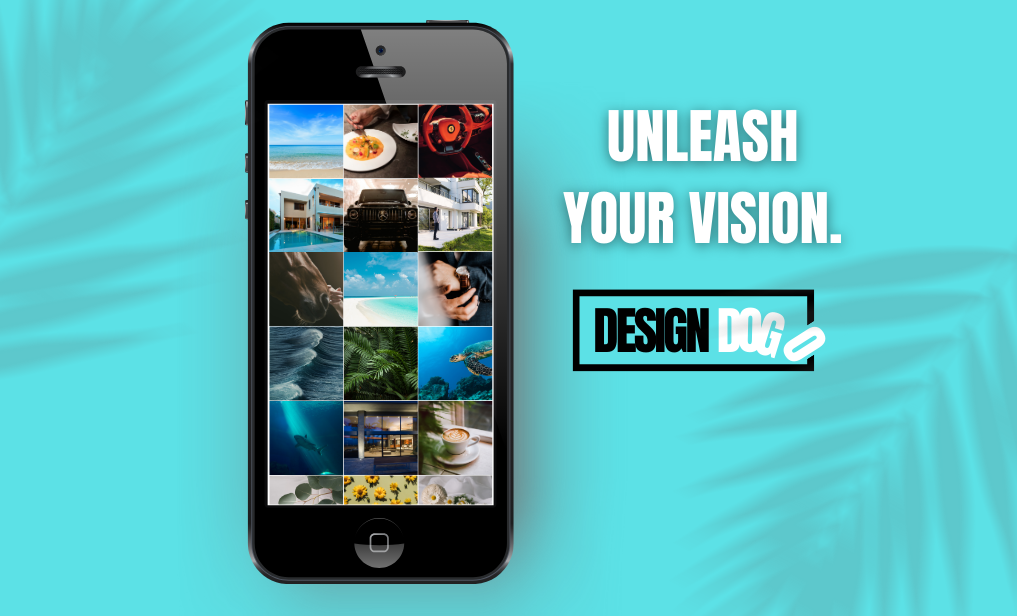 A smartphone displaying a photo grid against a cyan background with the text 