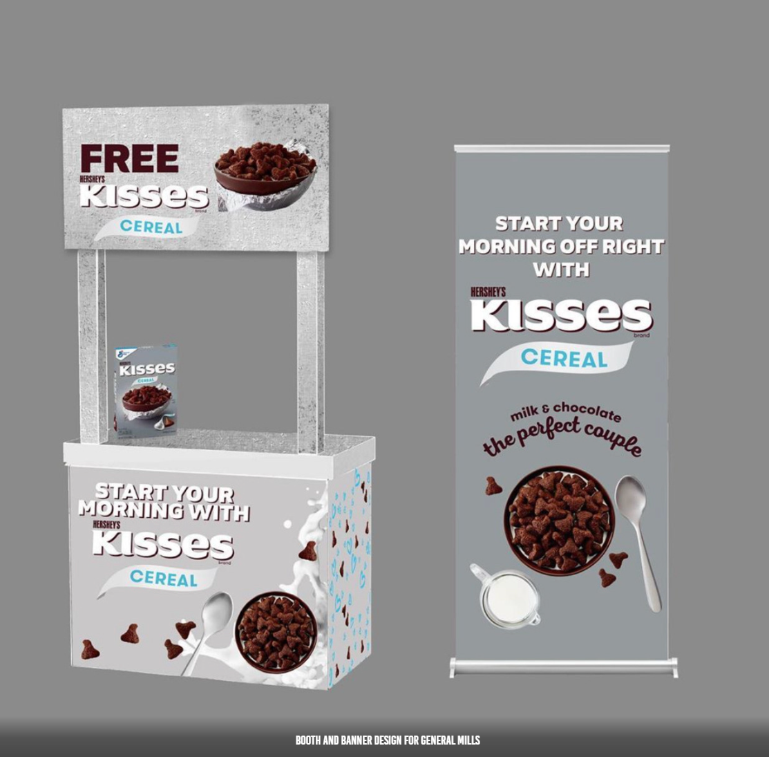 A promotional kiosk and pull-up banner for Kisses Cereal featuring chocolate designs, milk splashes, and branding.