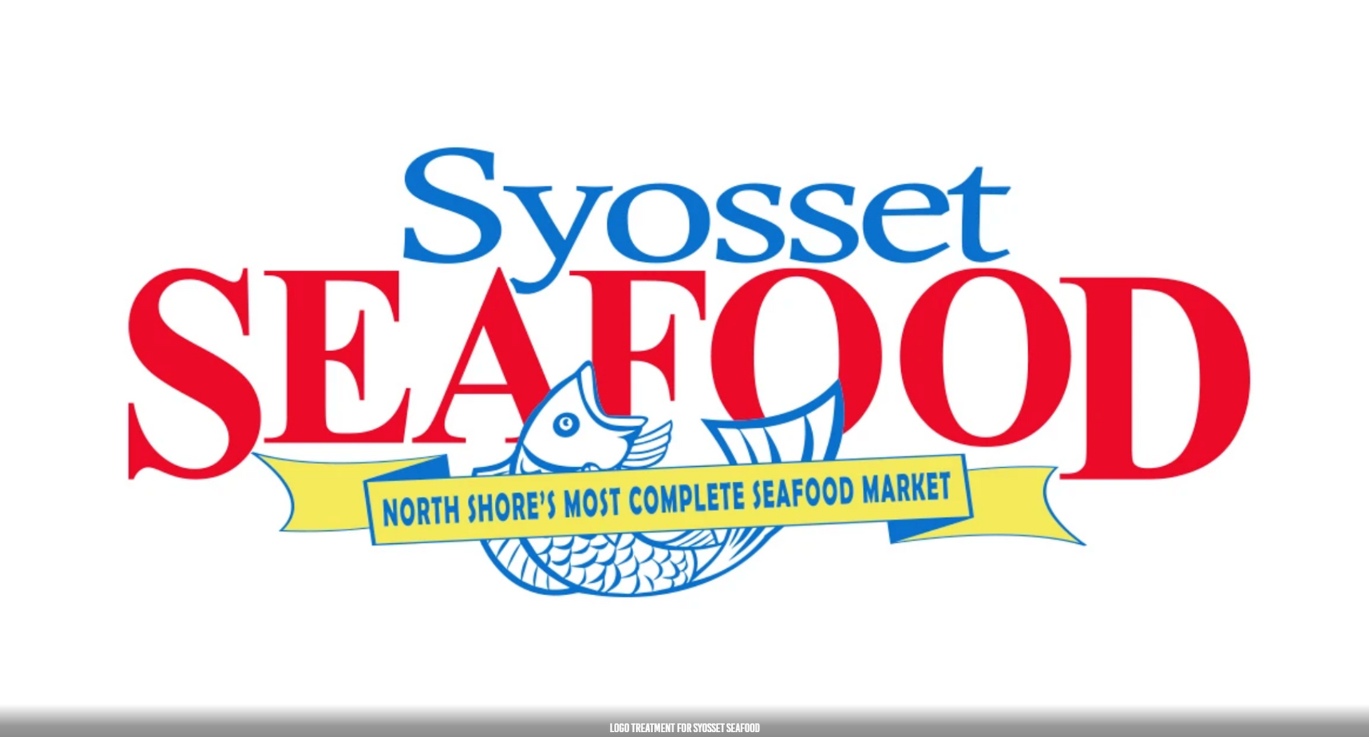 Logo for Syosset Seafood, featuring blue and red text with a stylized fish icon over a yellow ribbon banner.