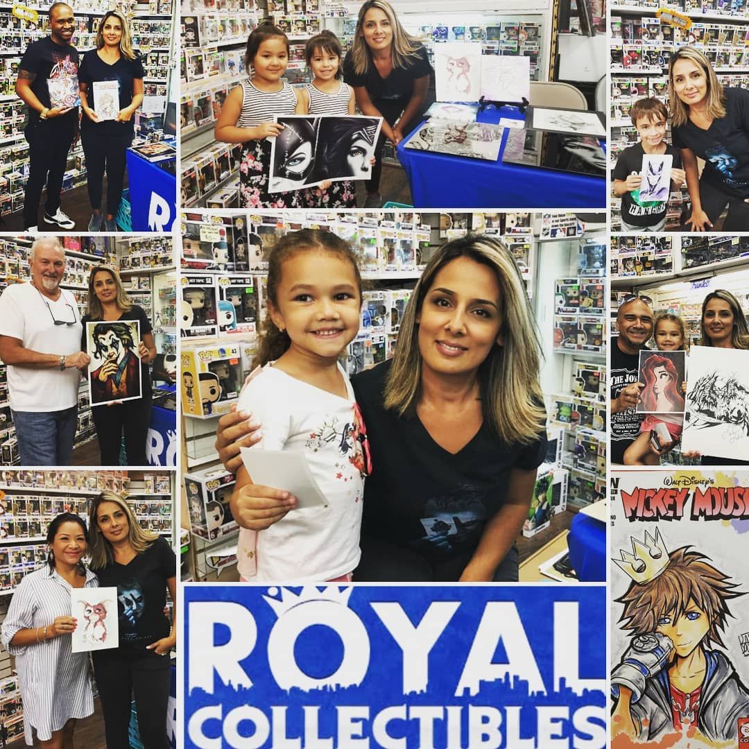 A collage of customers holding artist prints at Royal Collectibles, surrounded by shelves of retail merchandise.