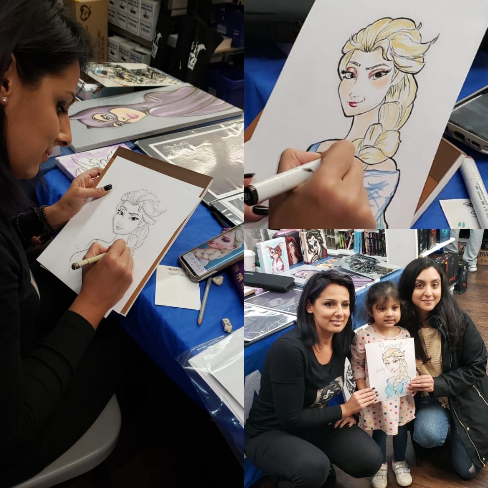 A person draws a cartoon character, then poses for a photo with a child holding the finished artwork at a table.