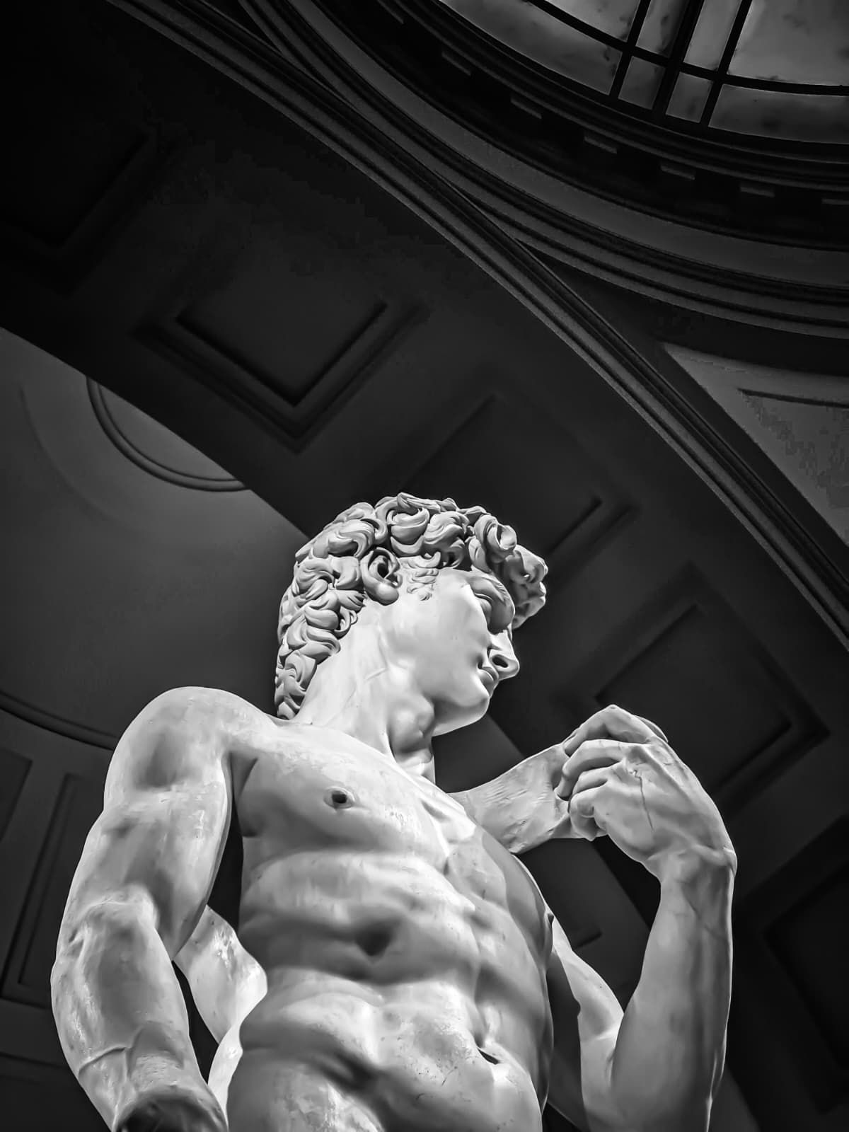 A low-angle, black-and-white view of Michelangelo’s David statue, focusing on the torso and head against an arched ceiling.