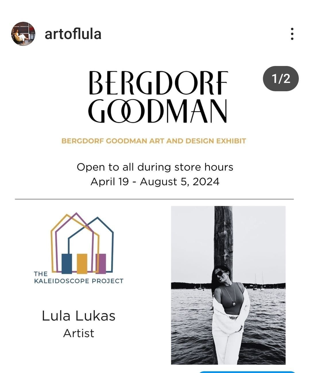 Lula Lukas exhibit at Bergdorf Goodman, April–August 2024, with a black-and-white image.