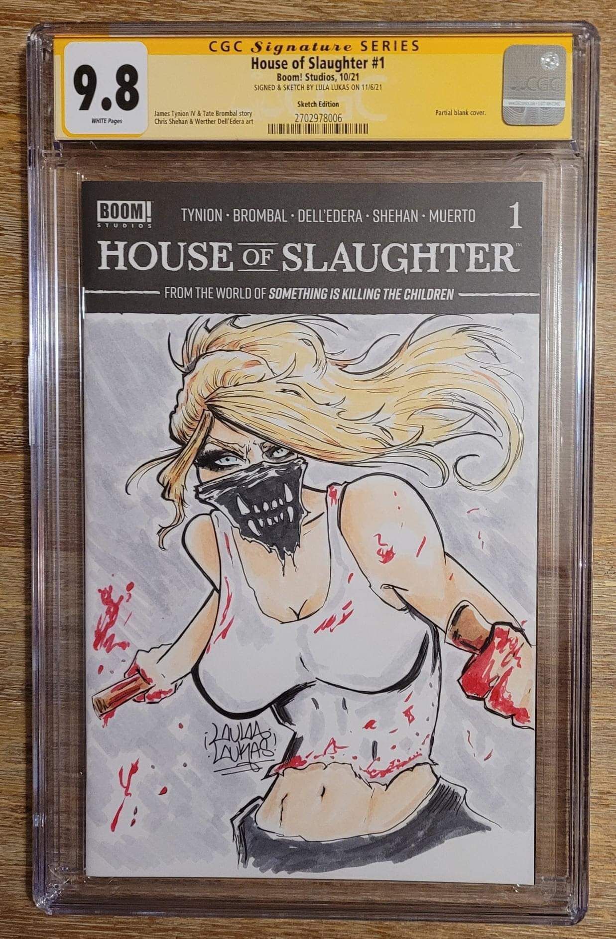 CGC-graded 9.8 House of Slaughter #1 comic book featuring a sketch cover of a blonde character wearing a dark face mask.