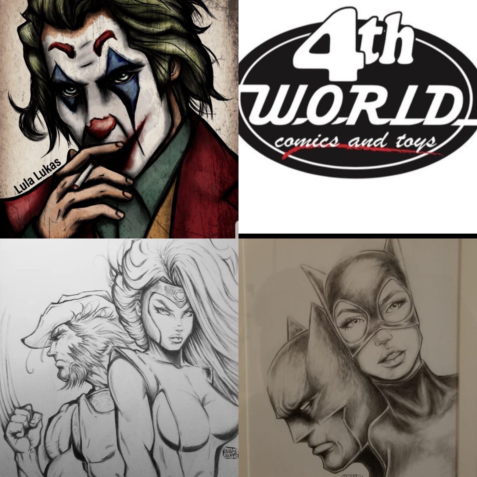 Comic collage with Joker, Wolverine & Storm, Batman & Catwoman, and 4th World Comics.