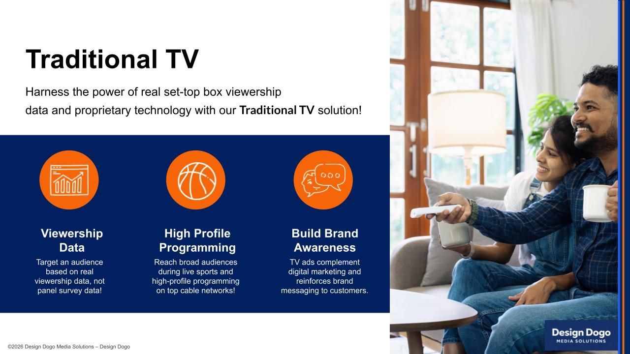 An advertisement for traditional TV featuring a couple watching television and three icons highlighting viewership data.