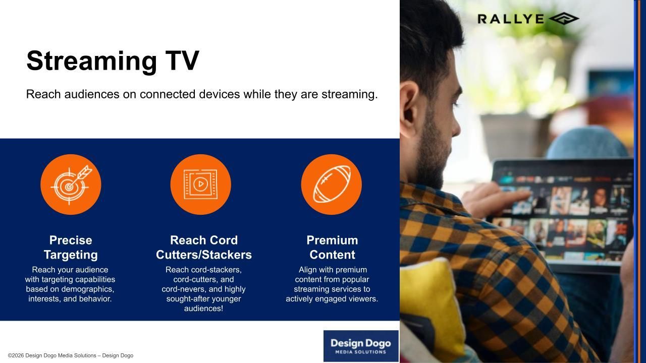 An ad for Rallye Streaming TV showing a person using a tablet, with icons for precise targeting and premium content.