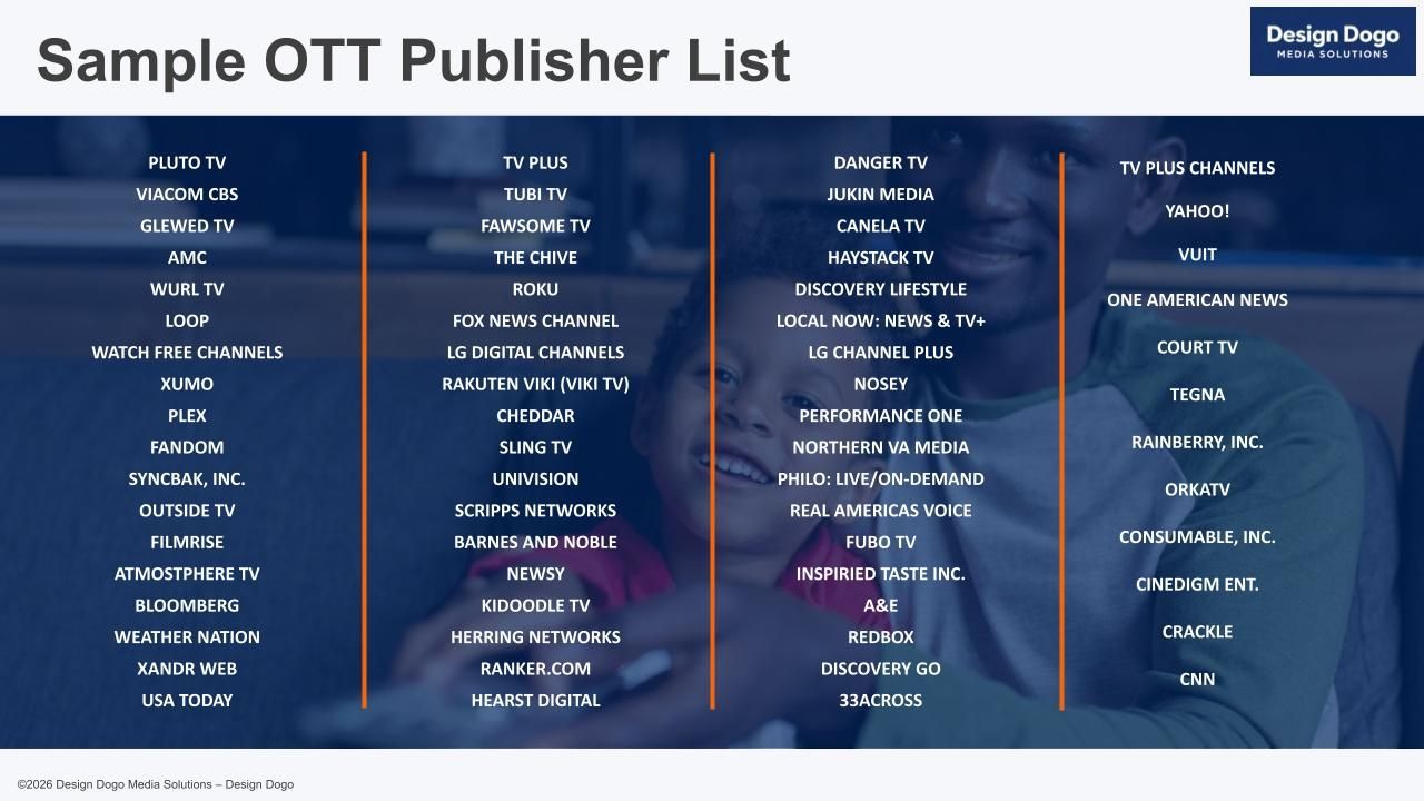 A list of OTT publishers arranged in four columns over a faded background image of people watching TV.