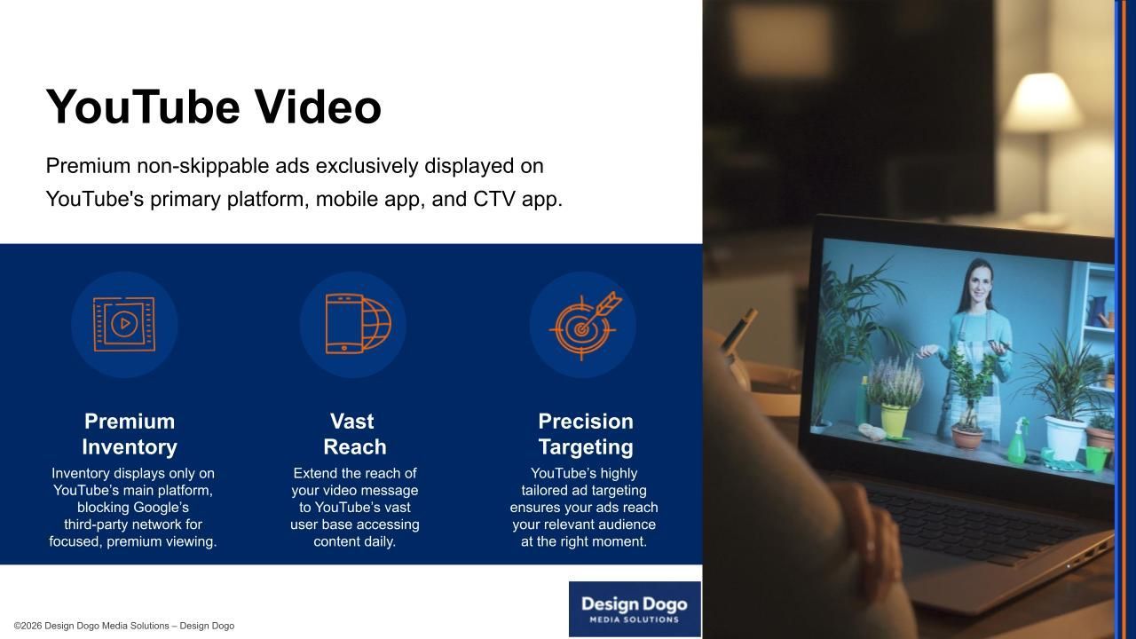 Slide featuring YouTube video ad benefits: premium inventory, vast reach, and precision targeting, shown on a laptop screen.