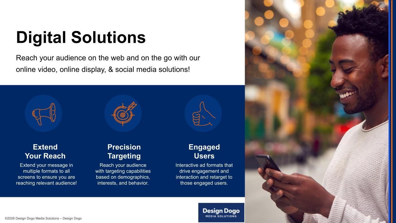 A “Digital Solutions” slide showing reach, targeting, and engagement icons beside a person using a phone.