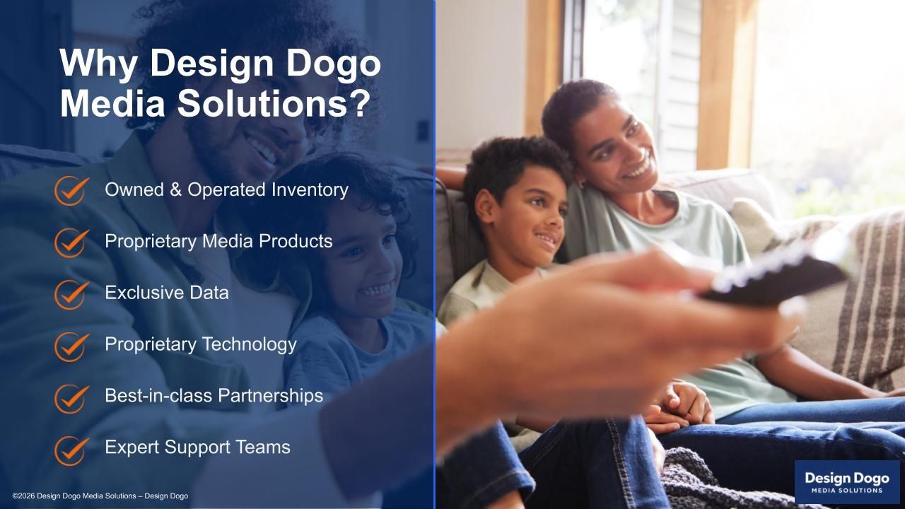 A promotional graphic for Design Dogo Media Solutions, listing services next to a family watching TV together.