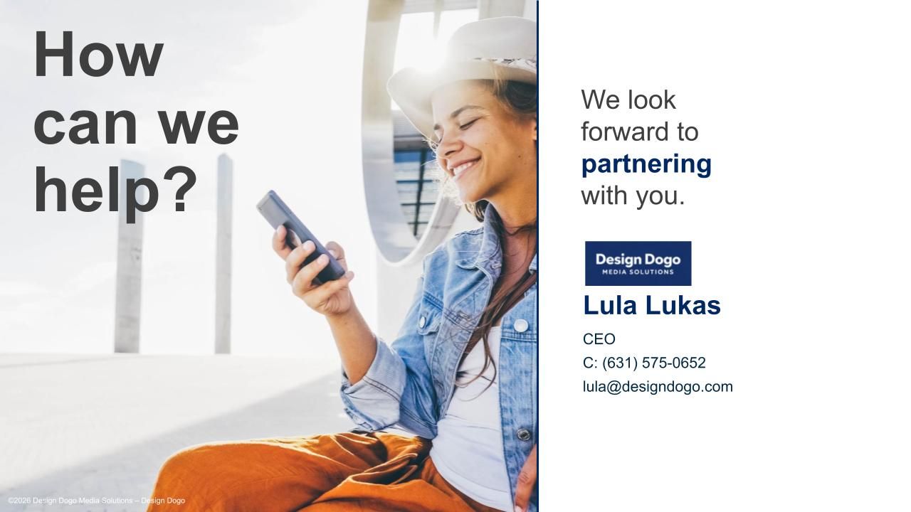 A business card for Design Dogs featuring a smiling person using a smartphone and contact details for CEO Lula Lukas.