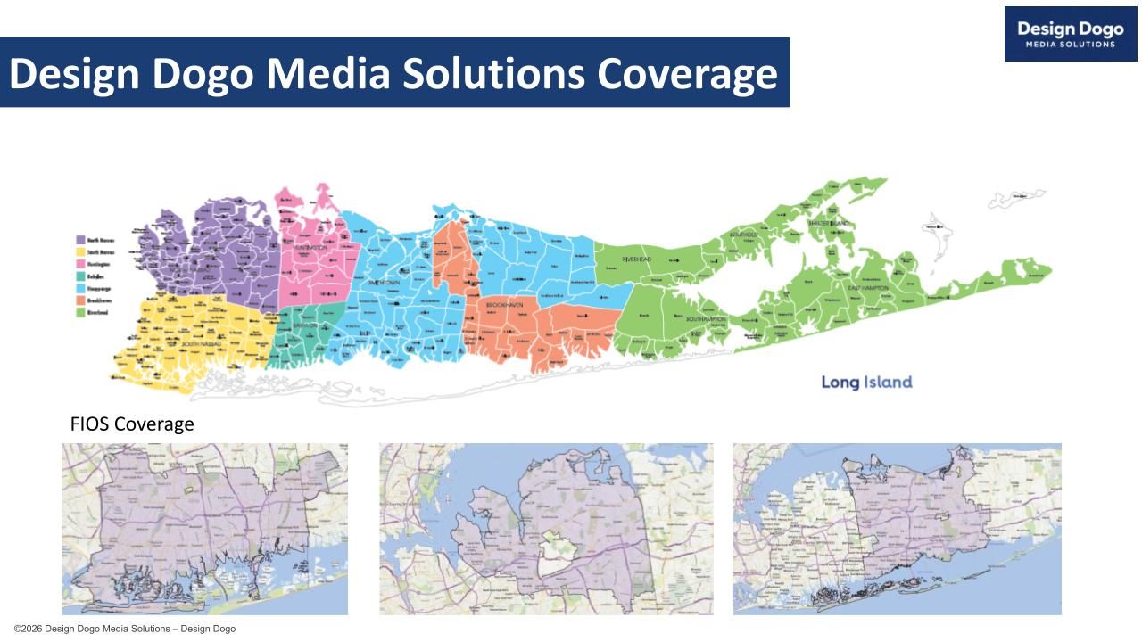 Map showing Design Dogo Media Solutions' coverage areas across Long Island, Connecticut, and parts of New York state.