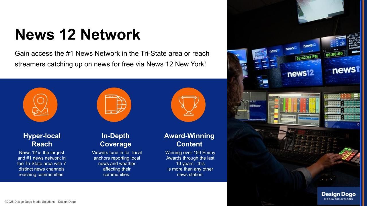 Marketing slide for News 12 Network, featuring icons for local reach, coverage, and awards next to a newsroom control room.