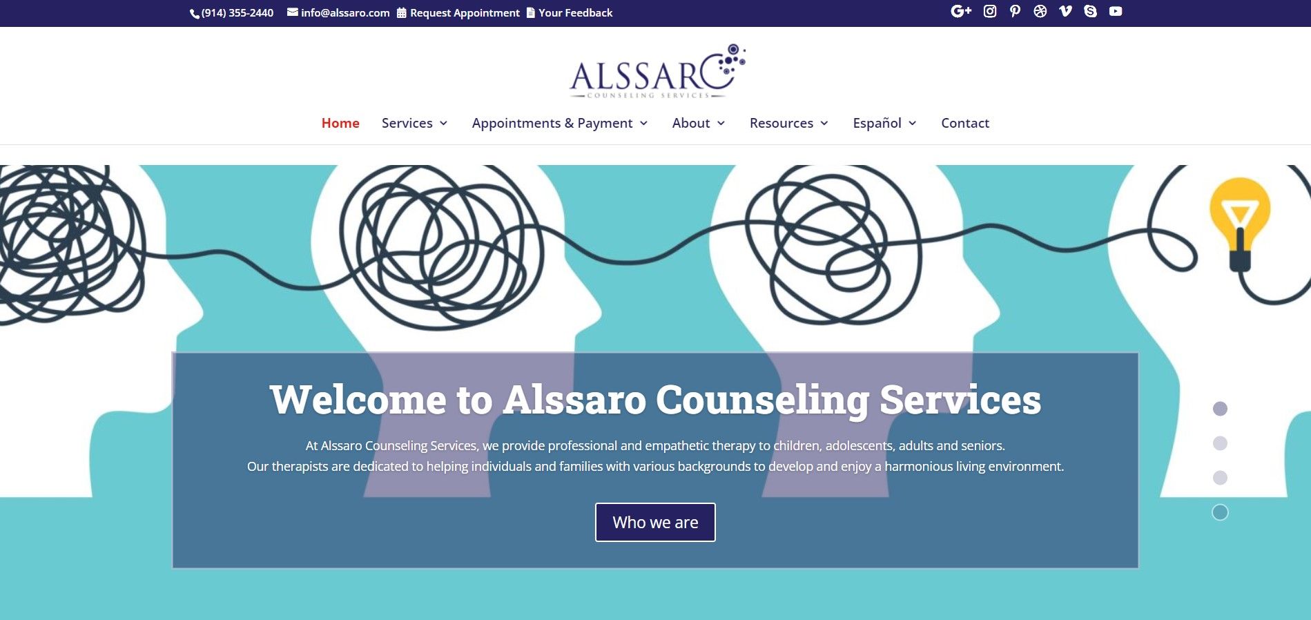 Homepage for Alssaro Counseling Services featuring a graphic of heads transitioning from tangled thoughts to a lightbulb.
