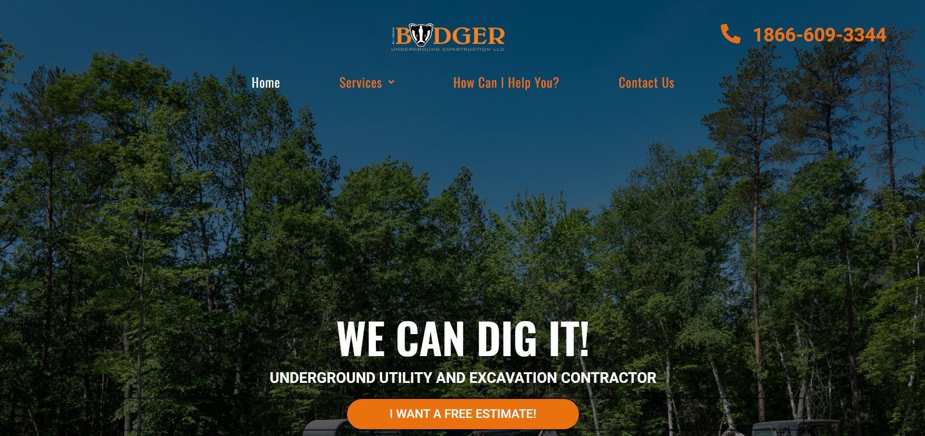 Website header for Badger Excavating featuring a forest background, company logo, phone number, and