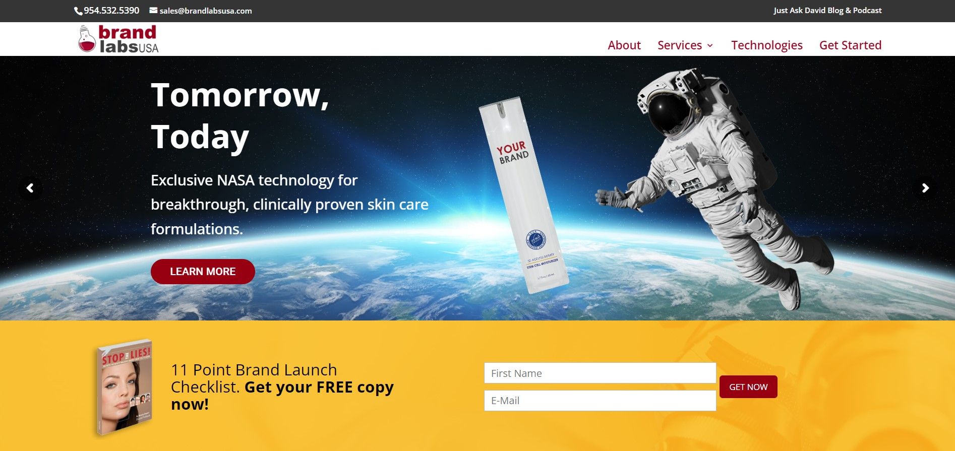 Homepage for Murad skincare featuring an astronaut in space next to a product tube and a free guide signup form.