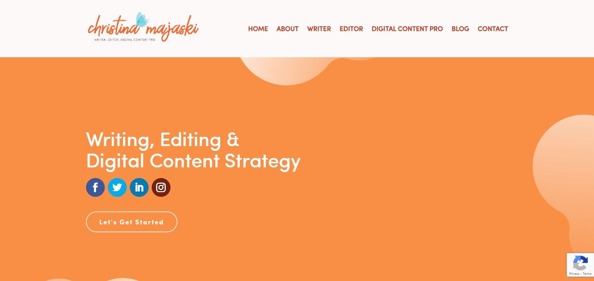 The Christina Majaski website homepage features an orange background with site navigation and service offerings.