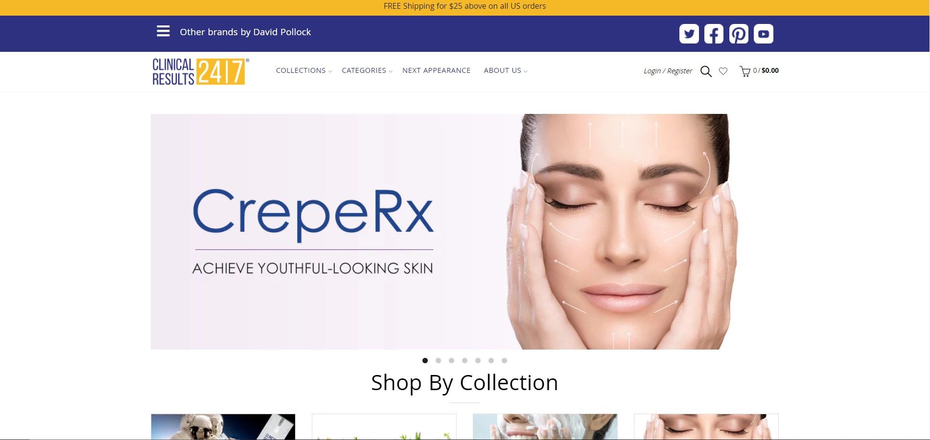 A woman with hands on her face promotes CrepeRx skincare products on a website homepage banner.