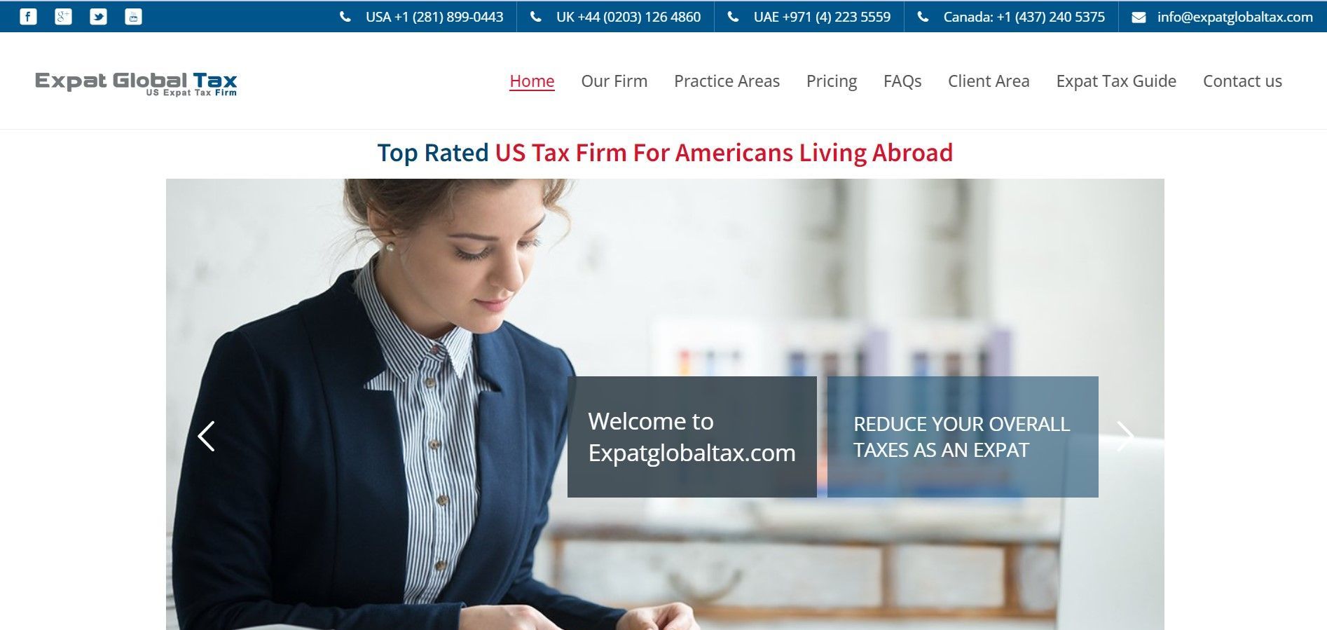 Homepage banner for Expat Global Tax featuring a professional in a blazer working at a desk.