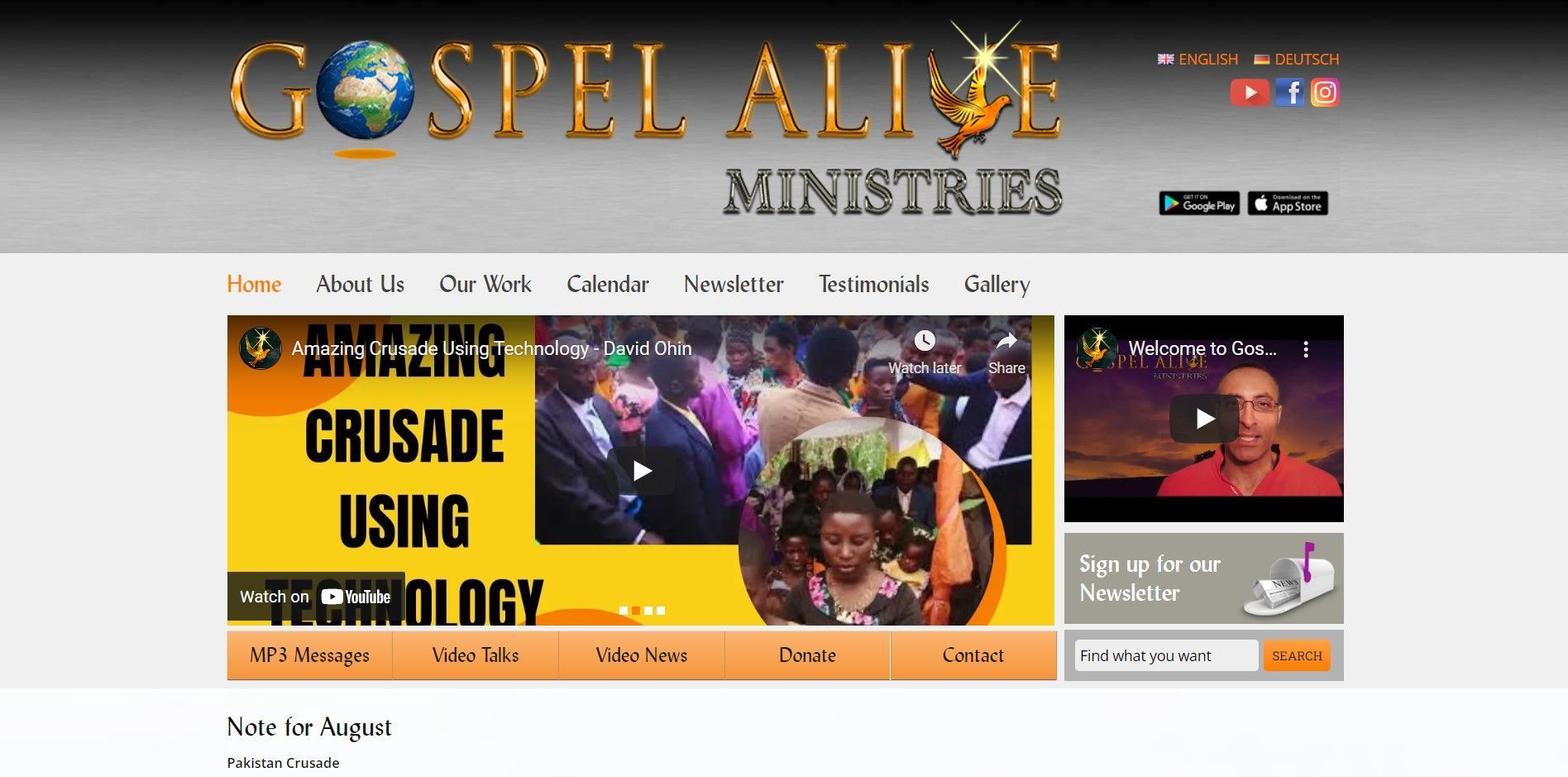 Website header for Gospel Alive Ministries, featuring a large title, navigation links, and embedded crusade videos.