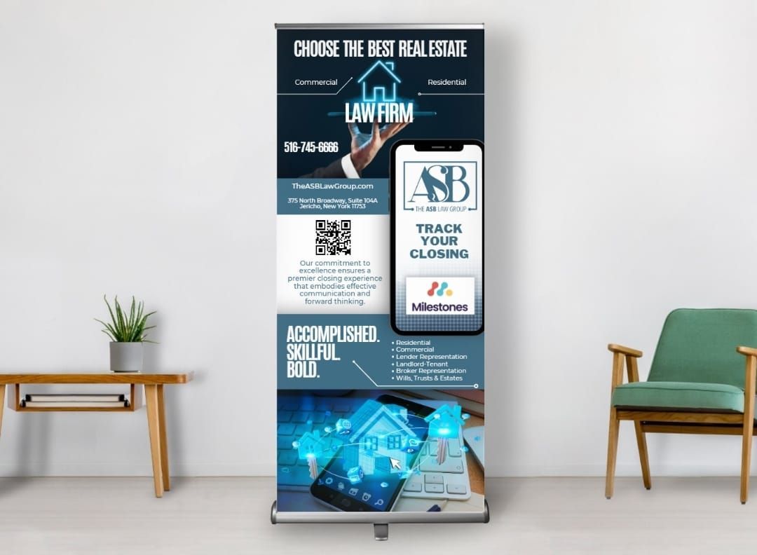 A vertical trade show banner for a real estate law firm, featuring a logo, phone number, QR code, and smartphone graphic.