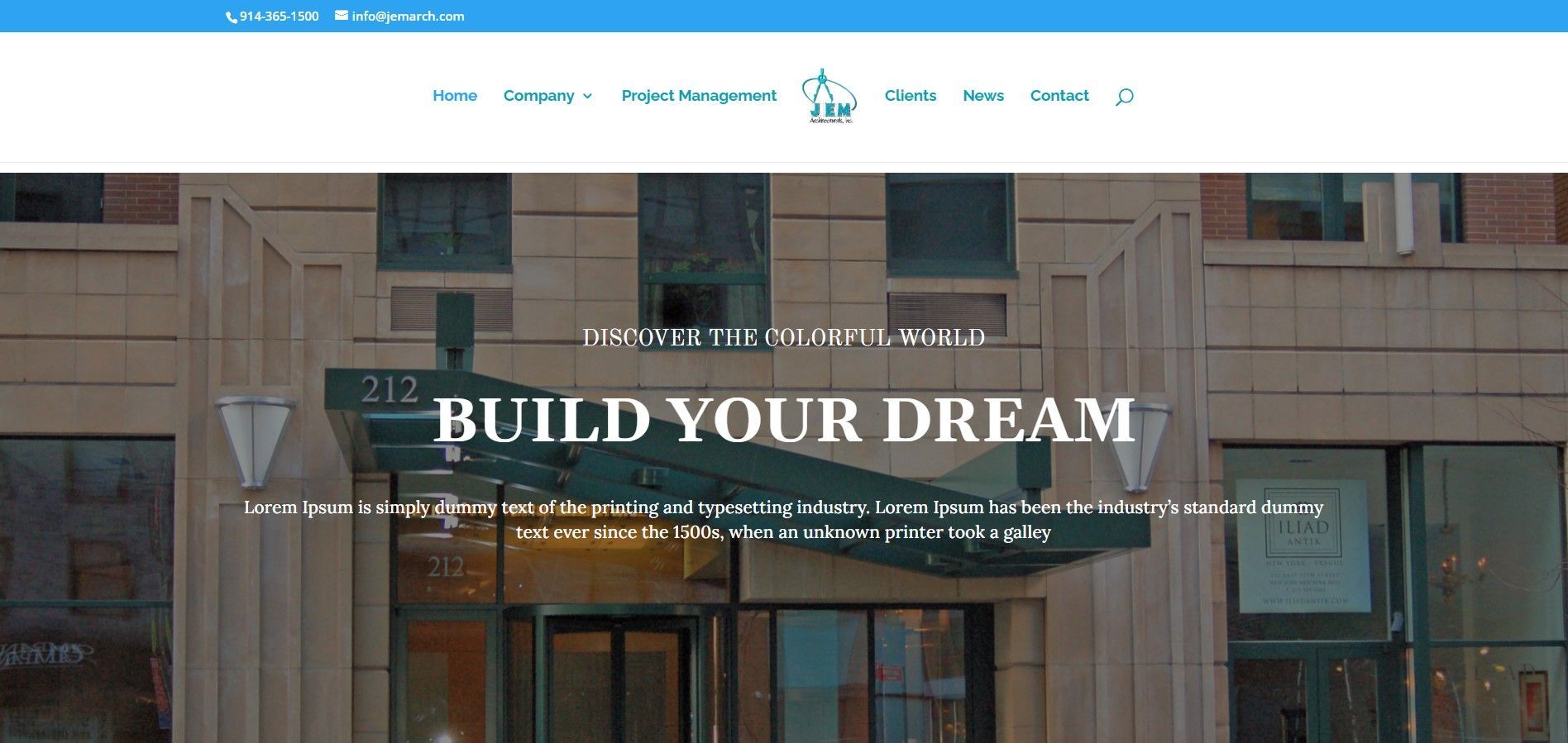 Hero banner for a construction company website featuring a commercial building with the text